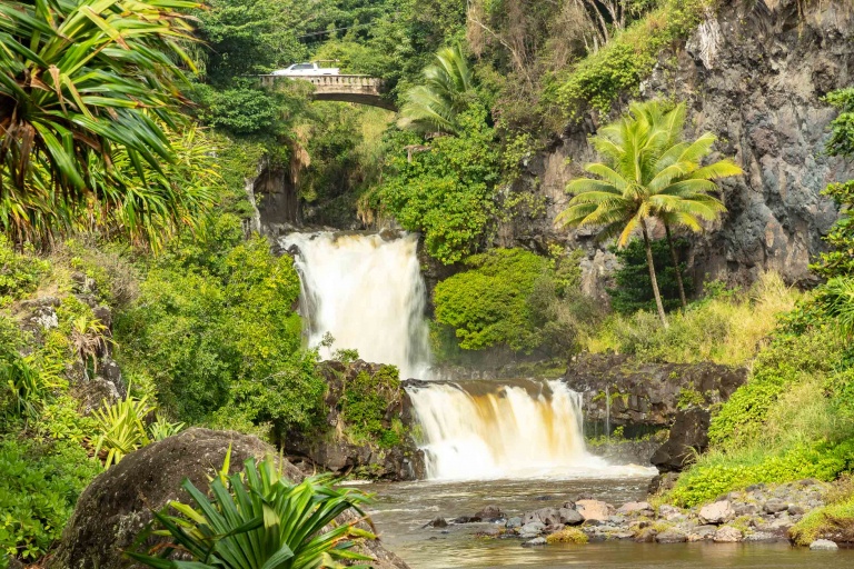 Pools of Oheo Waterfalls Bridge and Car Kipahulu road to Hana Maui
