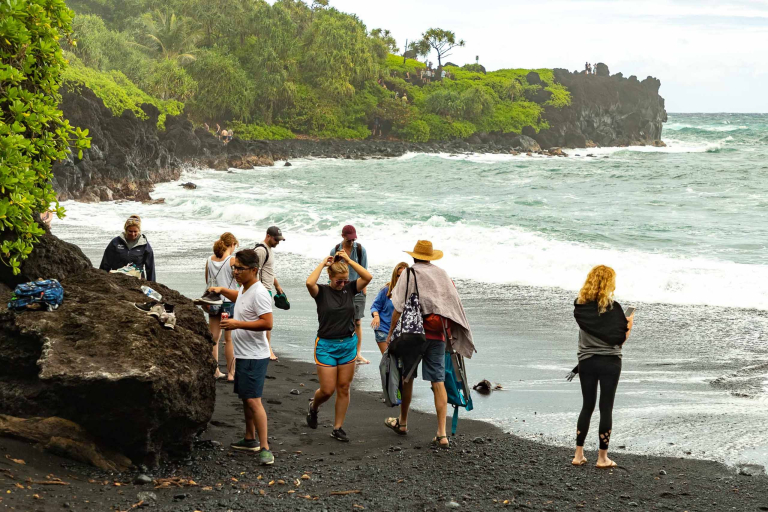 Road to Hana Black Sand Beach Visitors Walking Waianapanapa Maui 
