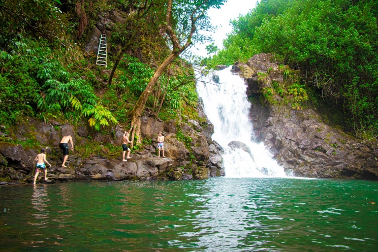 family enjoying waterfalls swimming road to hana maui